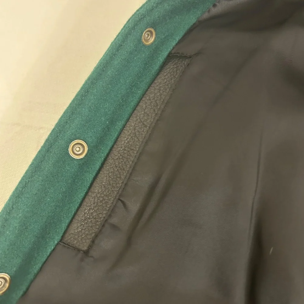 Roots Green Varsity‎ Jacket Sz S Wool Varsity Monogram Sleeve Logo Jacket